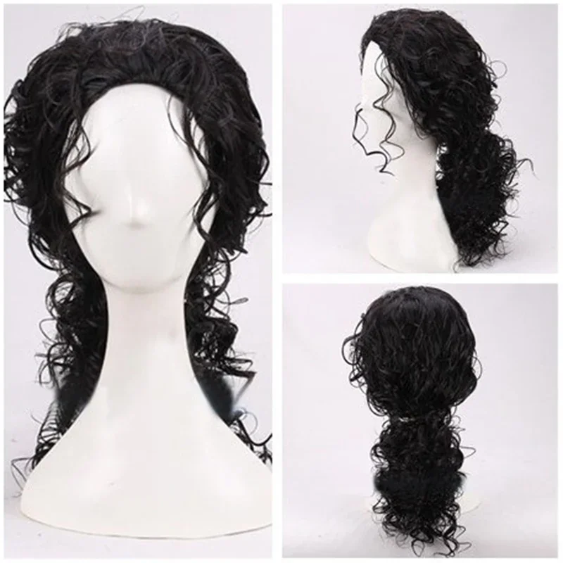 2026 Michael Jackson Cosplay Black Wig Michael Role Play Medium Long Curly Black Hair Pigtail Wig Halloween Cos Wigs + a wig cap