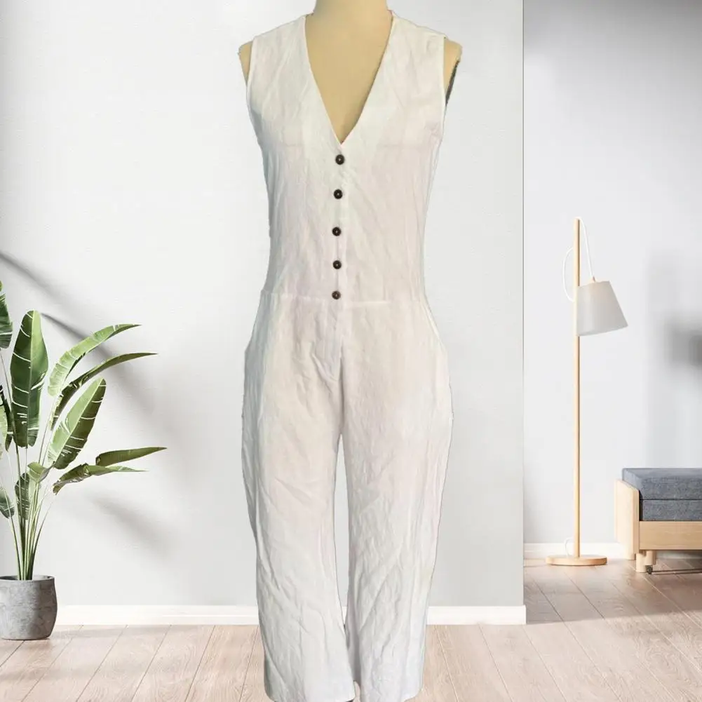 

Summer Elegant V-neck Party Jumpsuit Women Casual Sleeveless Pocket Solid Color Party Romper Fashion Button Linen Playsuits