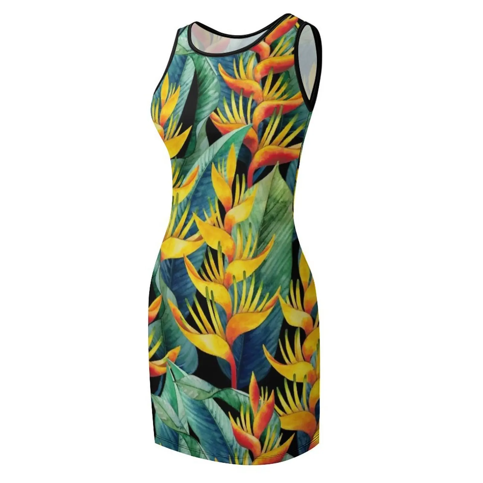 ชุดเดรสแขนกุดลายเฮลิโคเนียสีน้ำ ชุดเดรสออกงานหรูหราสำหรับผู้หญิง ปี 2025 ชุดเดรสสำหรับงานพรอม