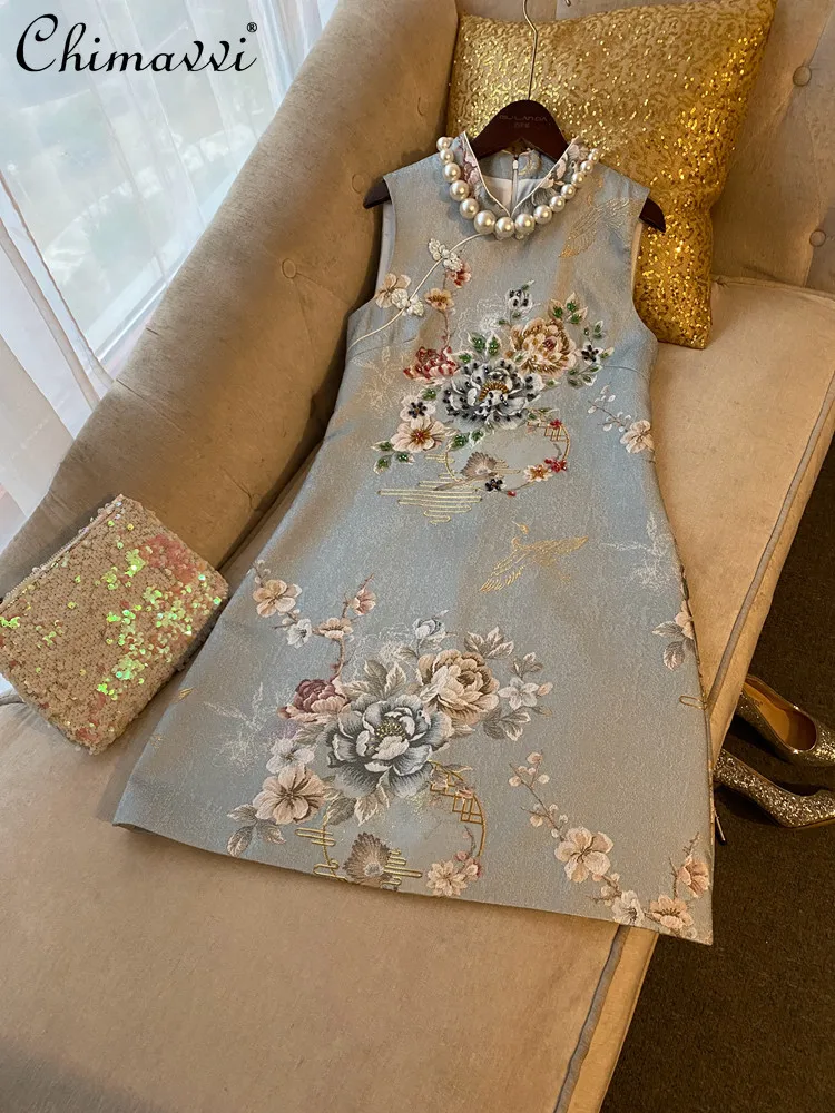 

2026 Spring New Chinese Style Elegant Retro Dresses Round Neck Sleeveless Beaded Embroidery Fashion Casual Short Dress for Women