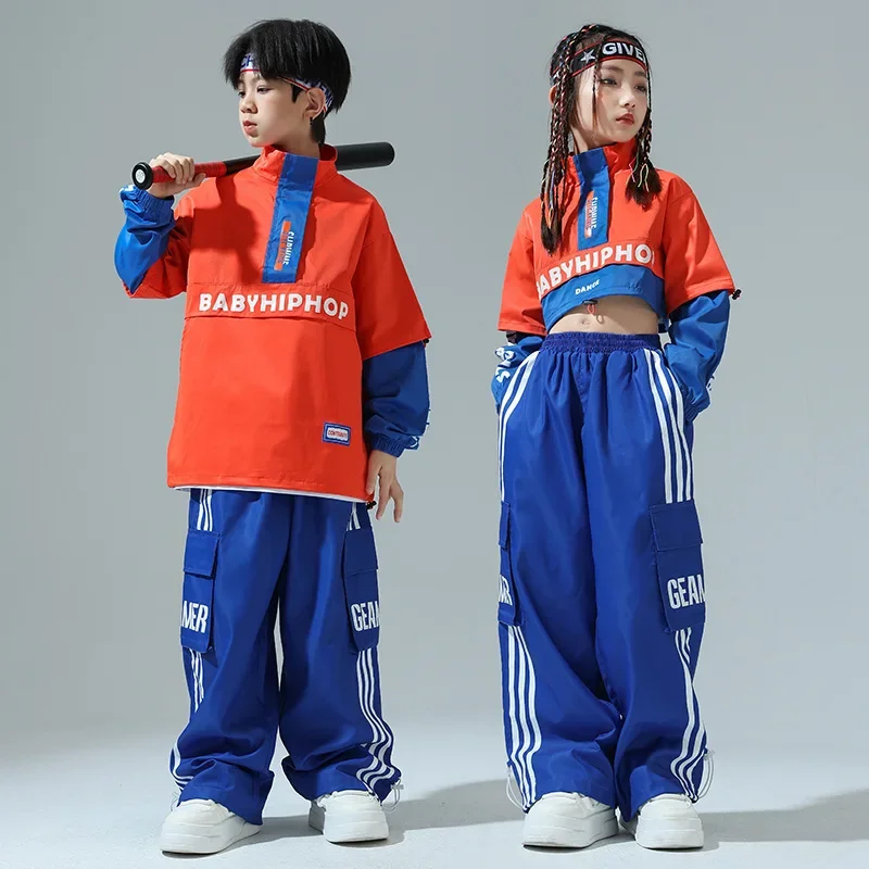 Vêtements Kpop Hip Hop pour enfants, haut court Orange, Streetwear Cargo Jogger, pantalon bleu pour filles et garçons, Costume de danse Jazz
