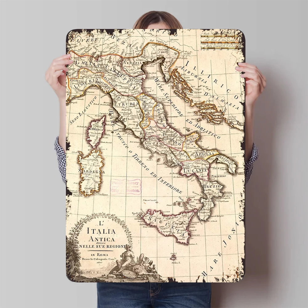 Mappa vintage dell'Italia Arte da parete in metallo 1809 Riproduzione antica Decorazioni per la casa per la decorazione della parete della sala studio del soggiorno
