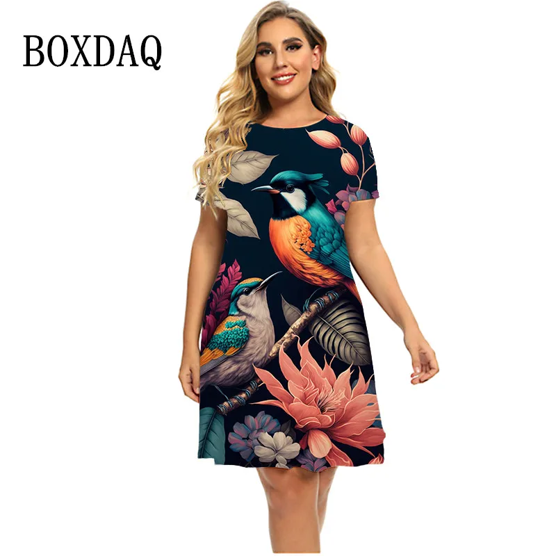 Animal Birds Floral Print Women Dresses For 2023 Summer Casual Short Sleeve Loose Clothing Vestidos 6XL Plus Size Ladies Dress