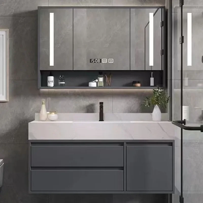 Narrow Light Luxury Bathroom Cabinet Rock Slab Slim Solid Wood Bathroom Cabinets Washbasin Mobile Bagno Room Furniture