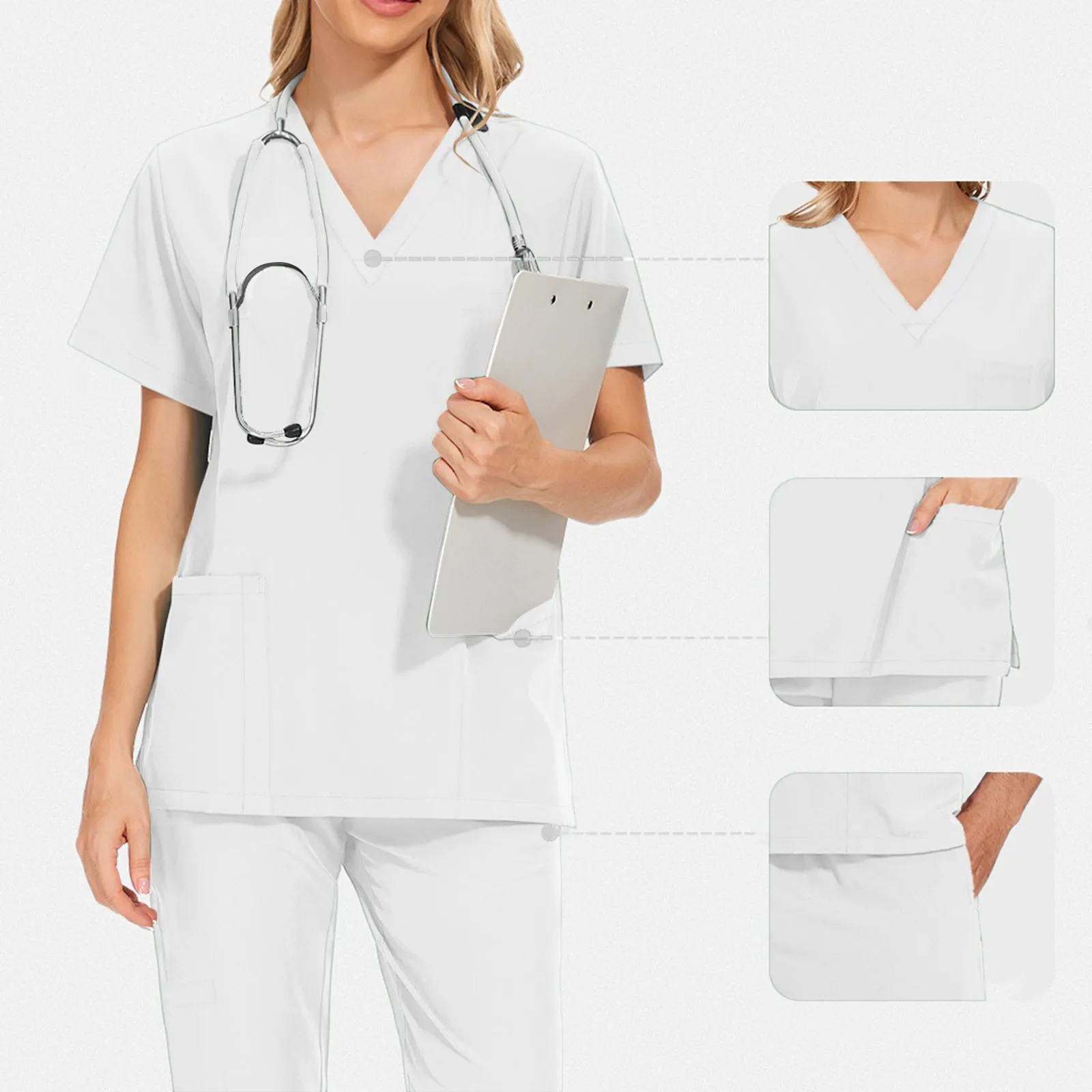 

2025 костюм-скраб для женщин, топ с v-образным вырезом, брюки для бега с шнурком, унисекс, медицинская униформа для кормления, комплект рабочей одежды для спа-салона