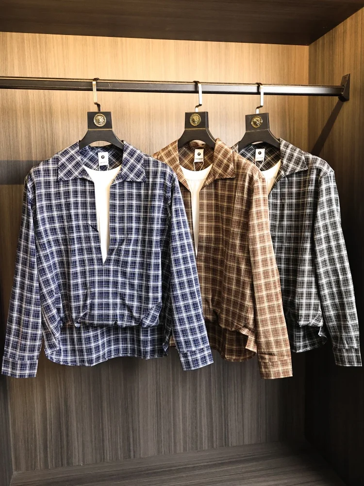 Retro Contrast Color Plaid Long Sleeve Men's Shirt Stand Collar Fashion Urban Style Autumn Season Polyester Cotton Blend