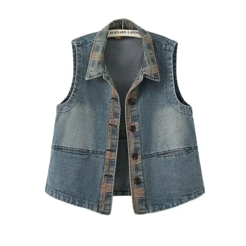 

2025 New Spliced Retro Denim Vest Jacket Women's Spring Autumn Slim Sleeveless Coat Single Breasted Female Casual Waistcoat Tops