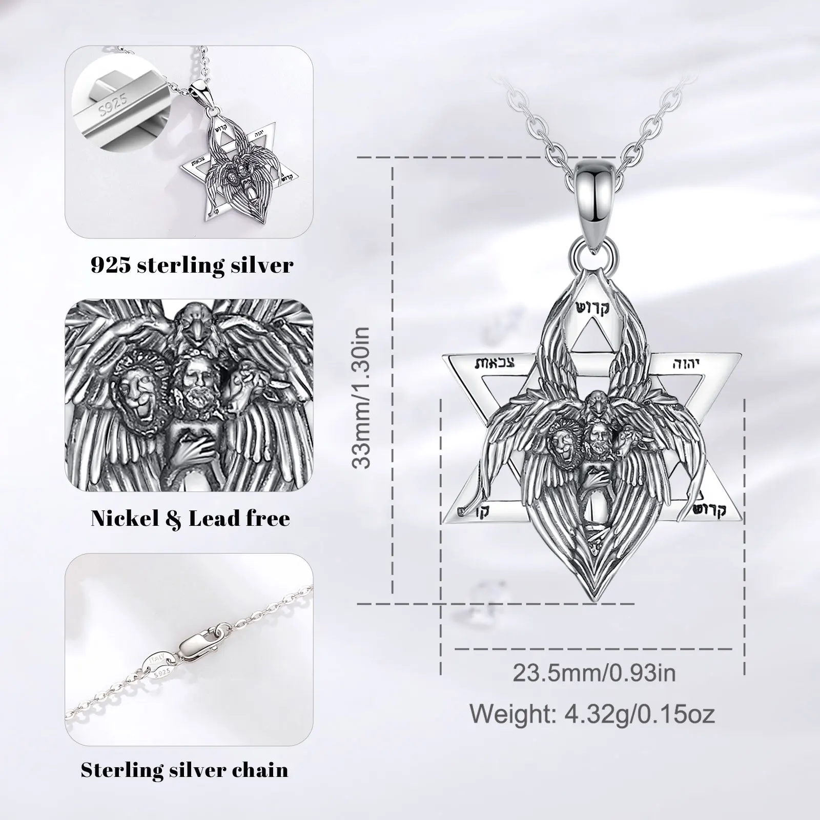 Eudora 925 Sterling Silver Star of David Pendant for Women Man vintage Adam Eagle Lion Bull Amulet Necklace Personality Jewelry