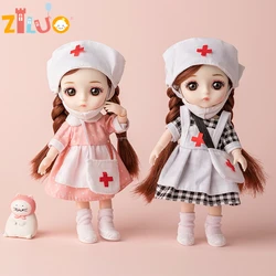 16cm Nurse BJD Doll Cute Girls Toys 13cm Movable Joints Children Dollhouse Pretend Play 1/12 Dress up Plastic Doll for Kids Gift