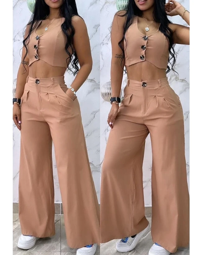 Two Piece Set Women Outfit 2023 Summer Buttoned V-Neck Sleeveless Crop Vest Coat & Casual High Waist Pocket Wide Leg Pants Set