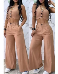 Conjunto de roupas de duas peças para mulheres, colete sem mangas, casaco de cintura alta, calças largas, decote em v abotoado, bolso casual, verão, 2023