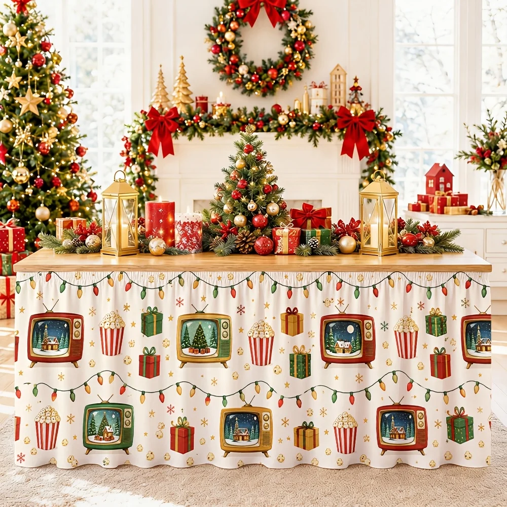 One tablecloth and table skirt, featuring patterns of vintage televisions, Christmas trees,popcorn boxes,gifts and string lights