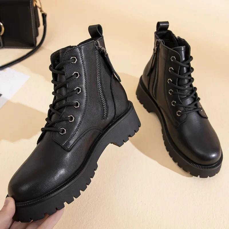 Genuine Leather Ankle Boots Women Autumn 2025 New Double Zipper Women's Ankle Boots Platform Thick Heel Motorcycle Boots Women