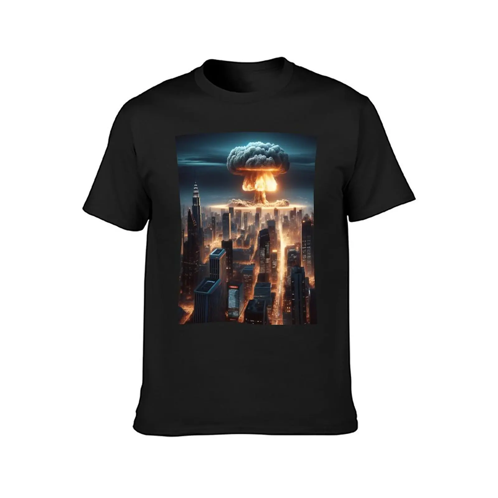 Nuclear explosion over city at twilight, lights ablaze. T-Shirt cute clothes oversizeds sublime anime clothes t shirts men