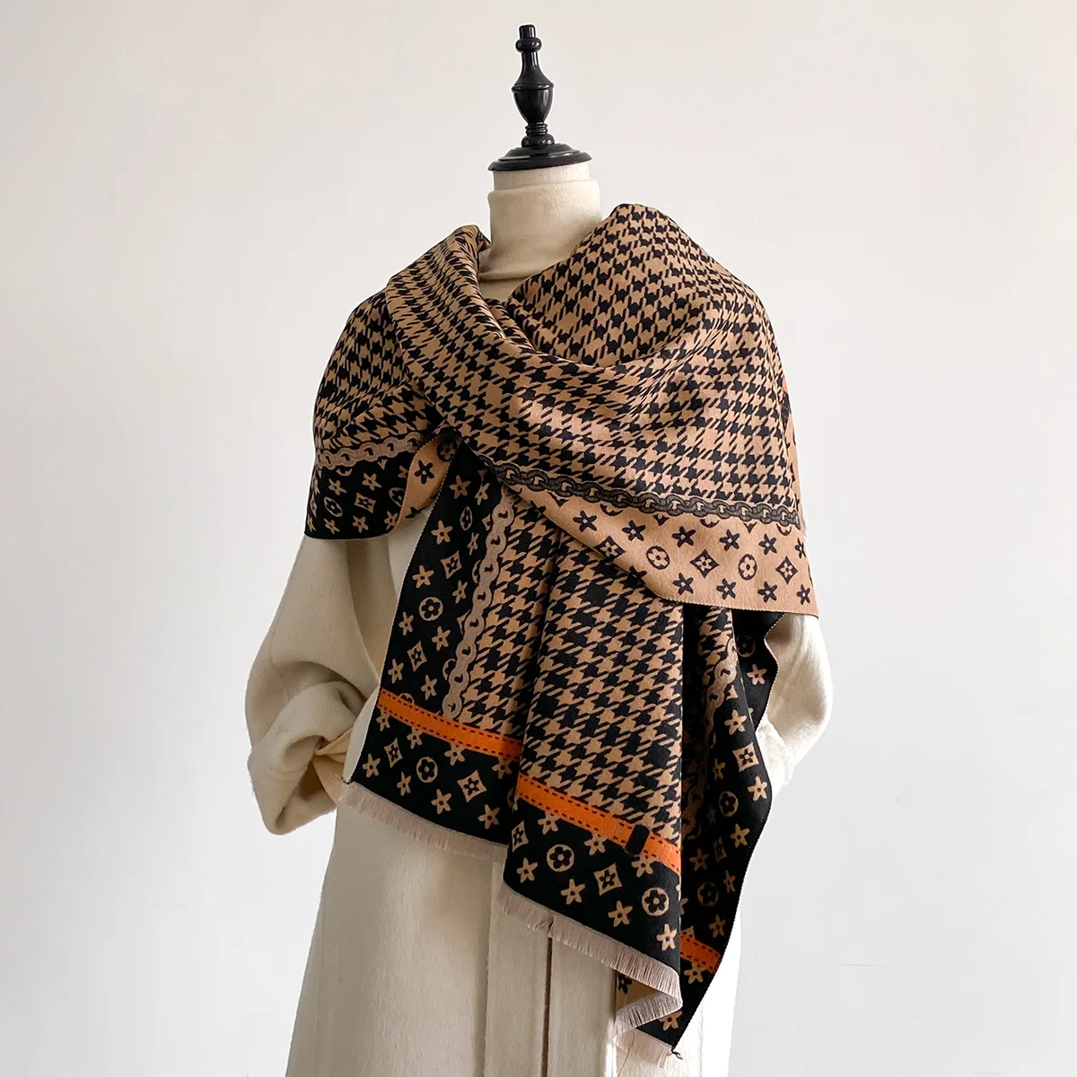 

Новый элегантный шарф с принтом «гусиные лапки», мягкая теплая жаккардовая шаль из пашмины с бахромой, осенне-зимние холодостойкие ветрозащитные шарфы