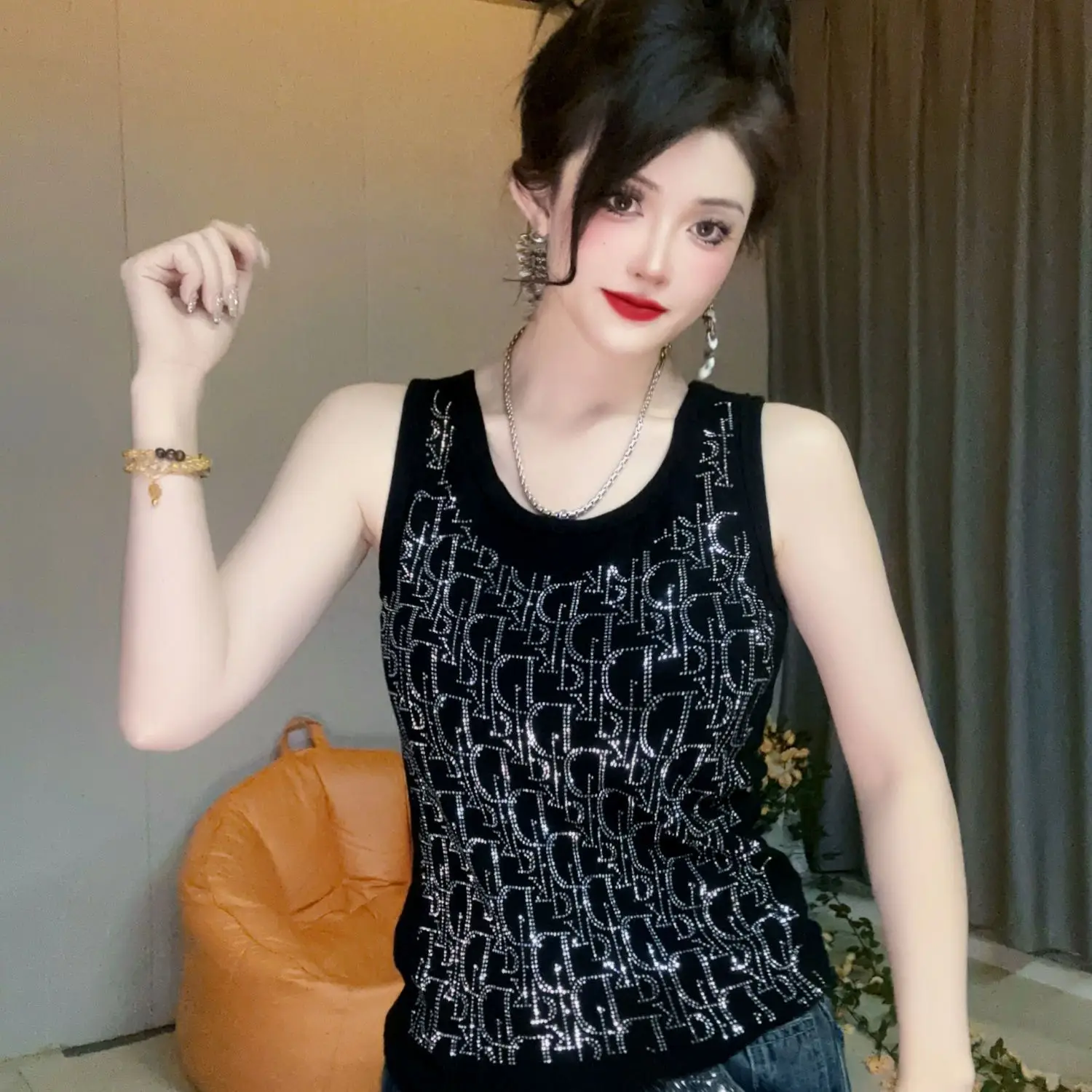 Black Crystal Letter Tank Top - Silver Rhinestone Sleeveless Tee, Summer Slim Fit Women‘s Top