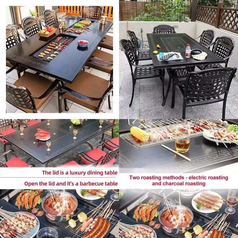 Nordic Cast Aluminum Electric BBQ Grill Modern Outdoor Garden Furniture Wooden Dining Table for Park Living Room Leisure