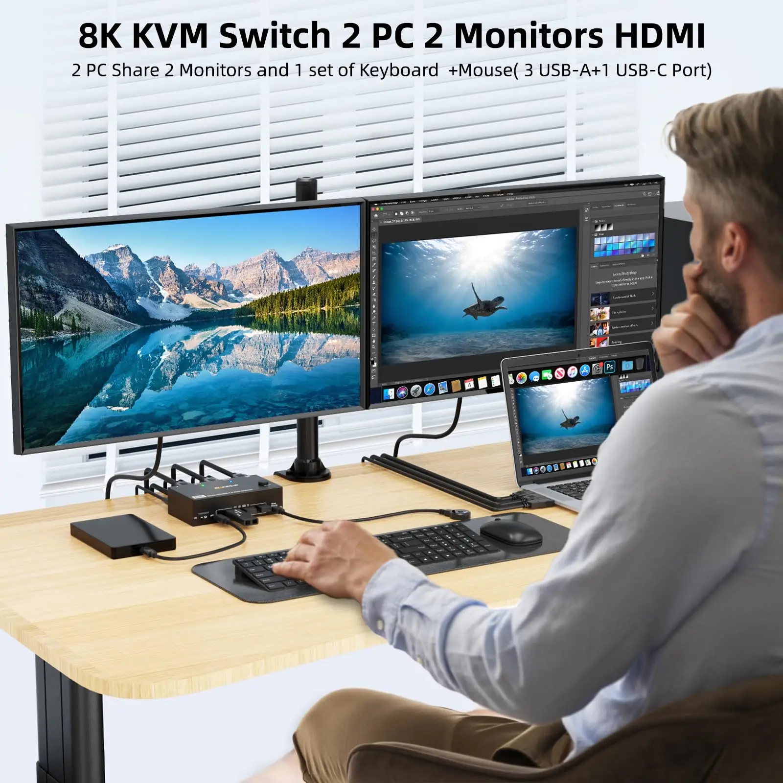 USB 3.0 KVM Switch 3/2/1 Monitor 2 Computer 8K@60Hz 4K@144Hz,HDMI KVM Switch Triple/Dual Monitor for 2 Computer Share 4 USB 3.0