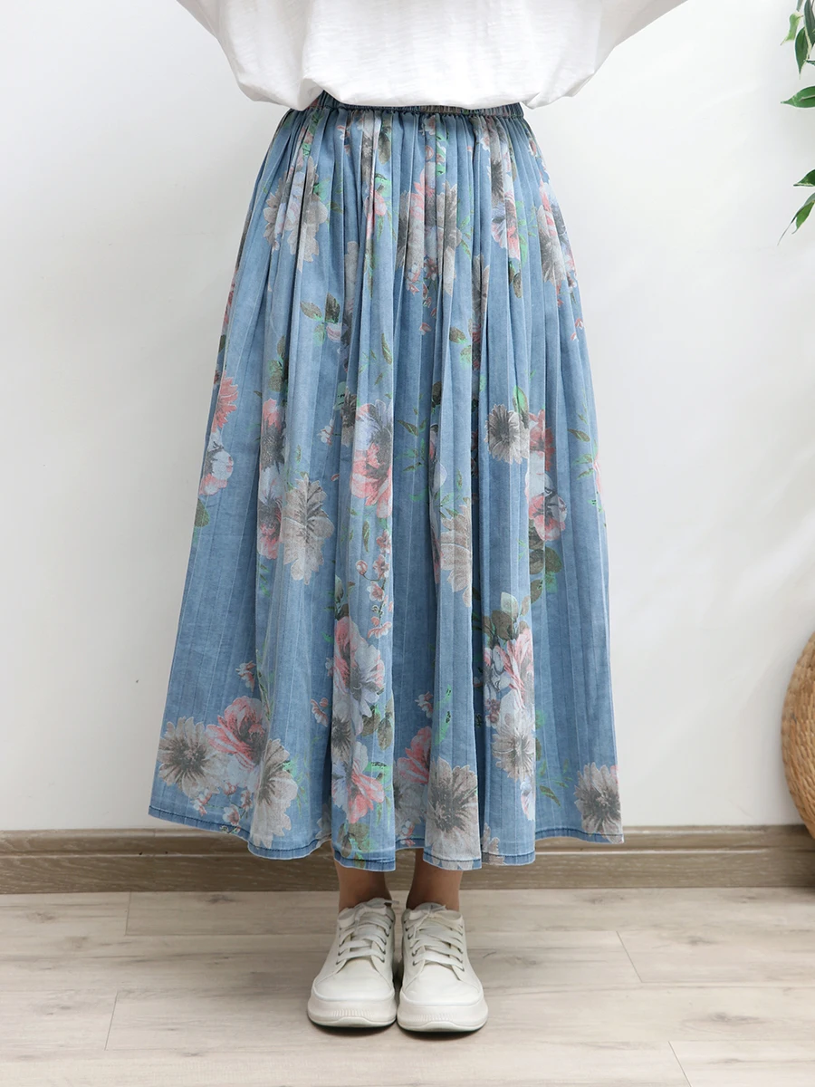 Free Shipping 2024 Light Blue New Long Maxi Women Elastic High Waist Spring  Summer Denim  Pleated Printed Lady  A-Line Skirts