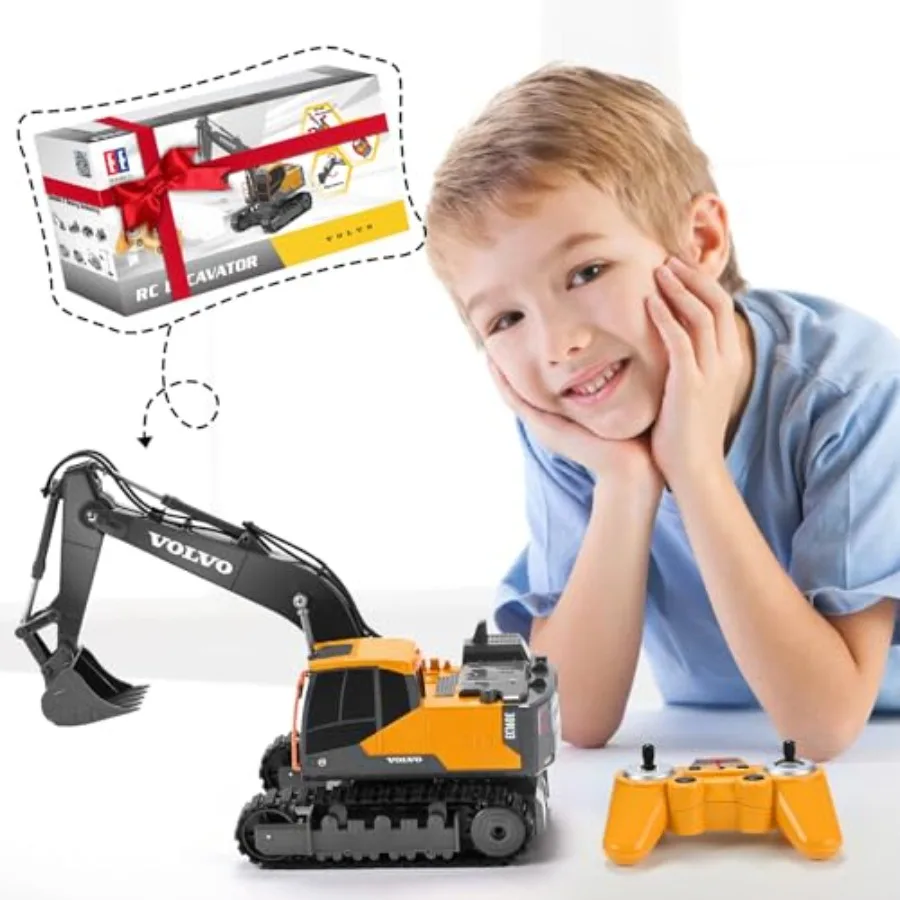 RC Excavator Remote Control Excavator Toy for Boys Full Function Construction Vehicles Toys with Shovel in Orange
