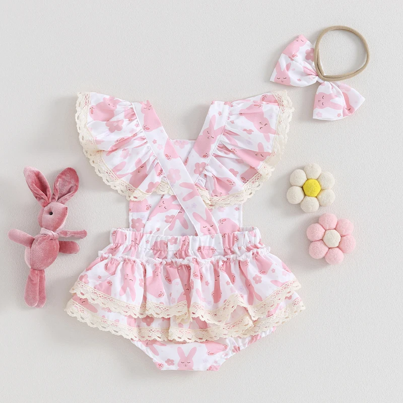 

Baby Girl Easter Outfit Bunny Ruffle Sleeveless Romper Bodysuit with Headband Set Easter Clothes