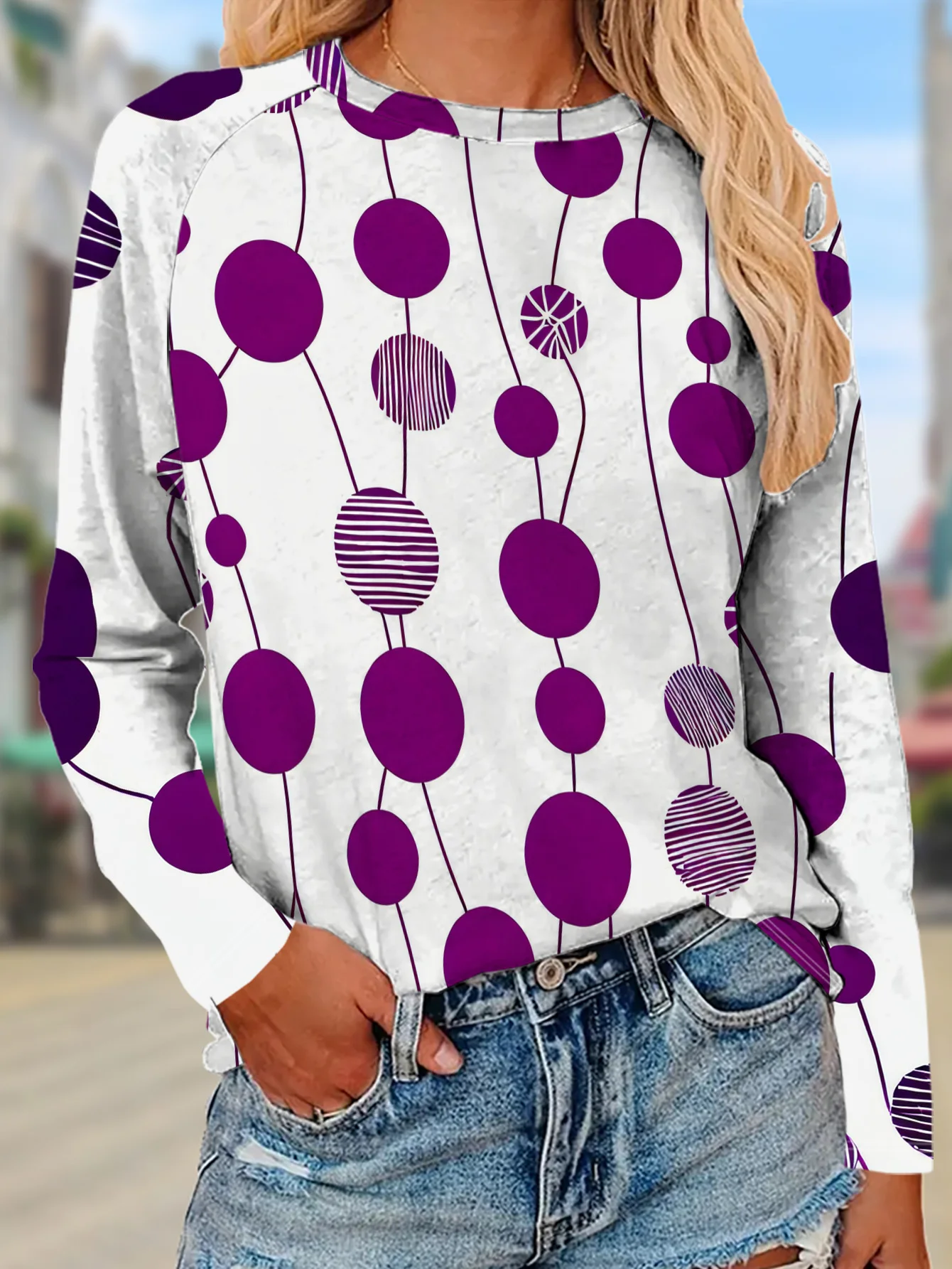 Women Round Neck Long Sleeve T‑shirt Purple Polka Dots Geometric Print Holiday Tee Top Casual Daily Autumn Wear Women's Clothes
