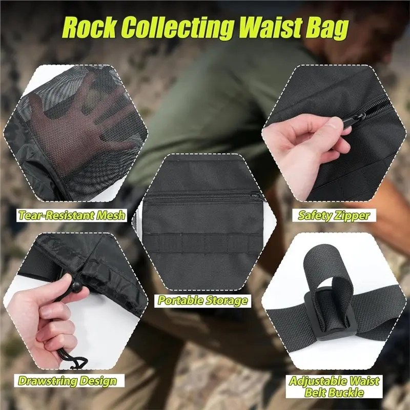 A89E-Breathable Mesh For Rock Collecting Waist Bag, Foraging Bag, Portable Design, 1PC For Rock Forager, Beachcomber