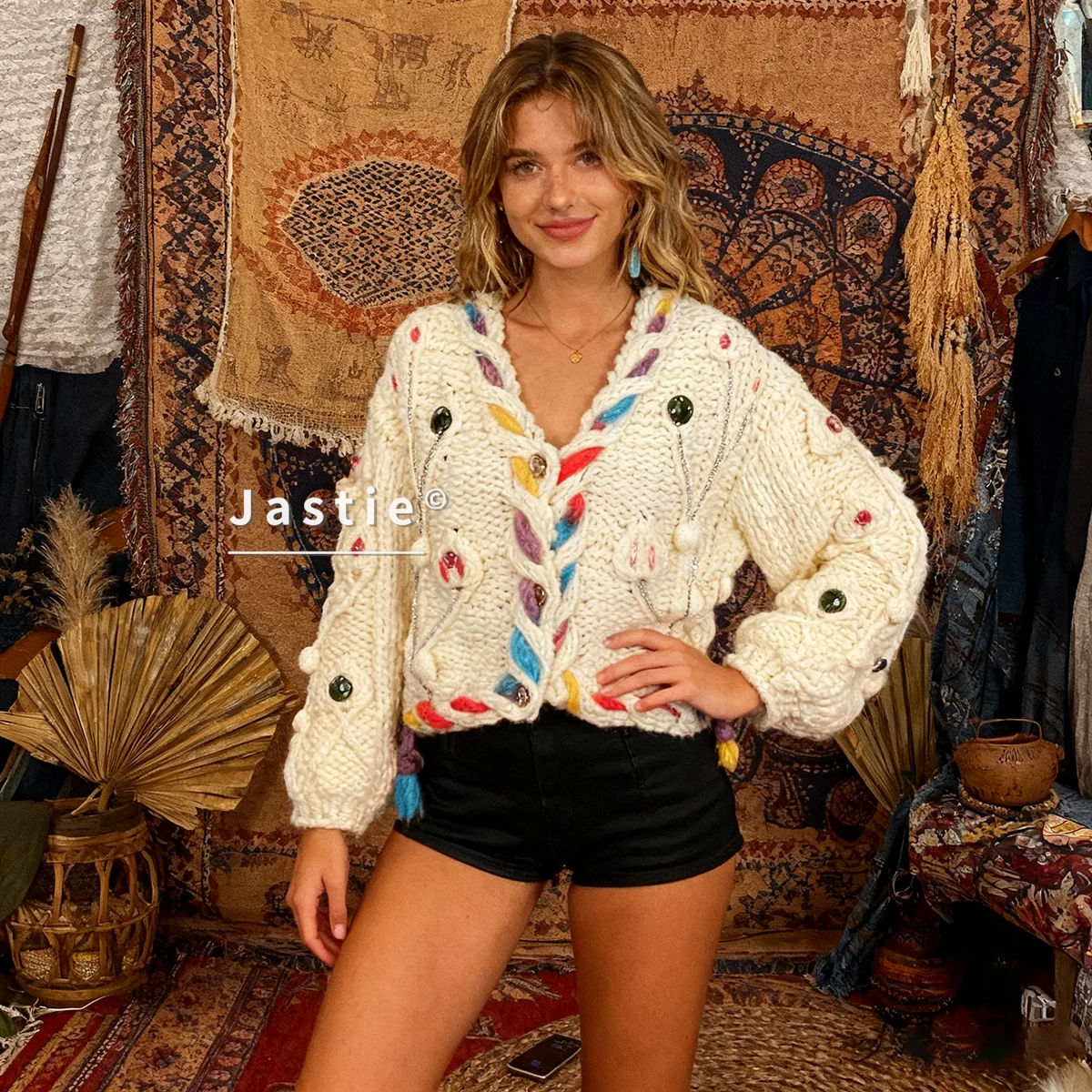 

Богемный свитер в стиле ретро для женщин, новый осенне-зимний однобортный свободный вязаный кардиган с v-образным вырезом и стразами