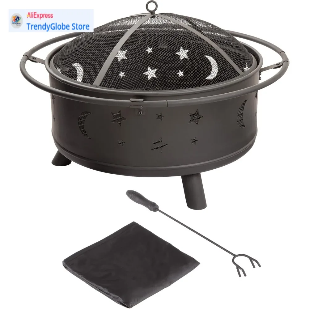 

32-Inch Wood-Burning Outdoor Fire Pit with Screen, Poker, and Cover for Backyard, Deck, or Patio