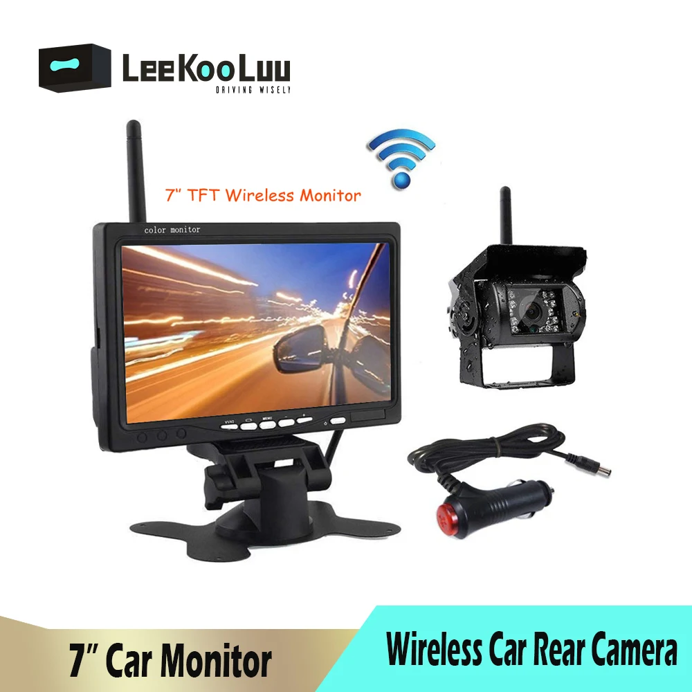 

LeeKooLuu 12V 24V Wireless 7" HD TFT LCD Vehicle Backup Rear View Camera Monitor Car Charger For Trucks Bus RV Trailer Excavator