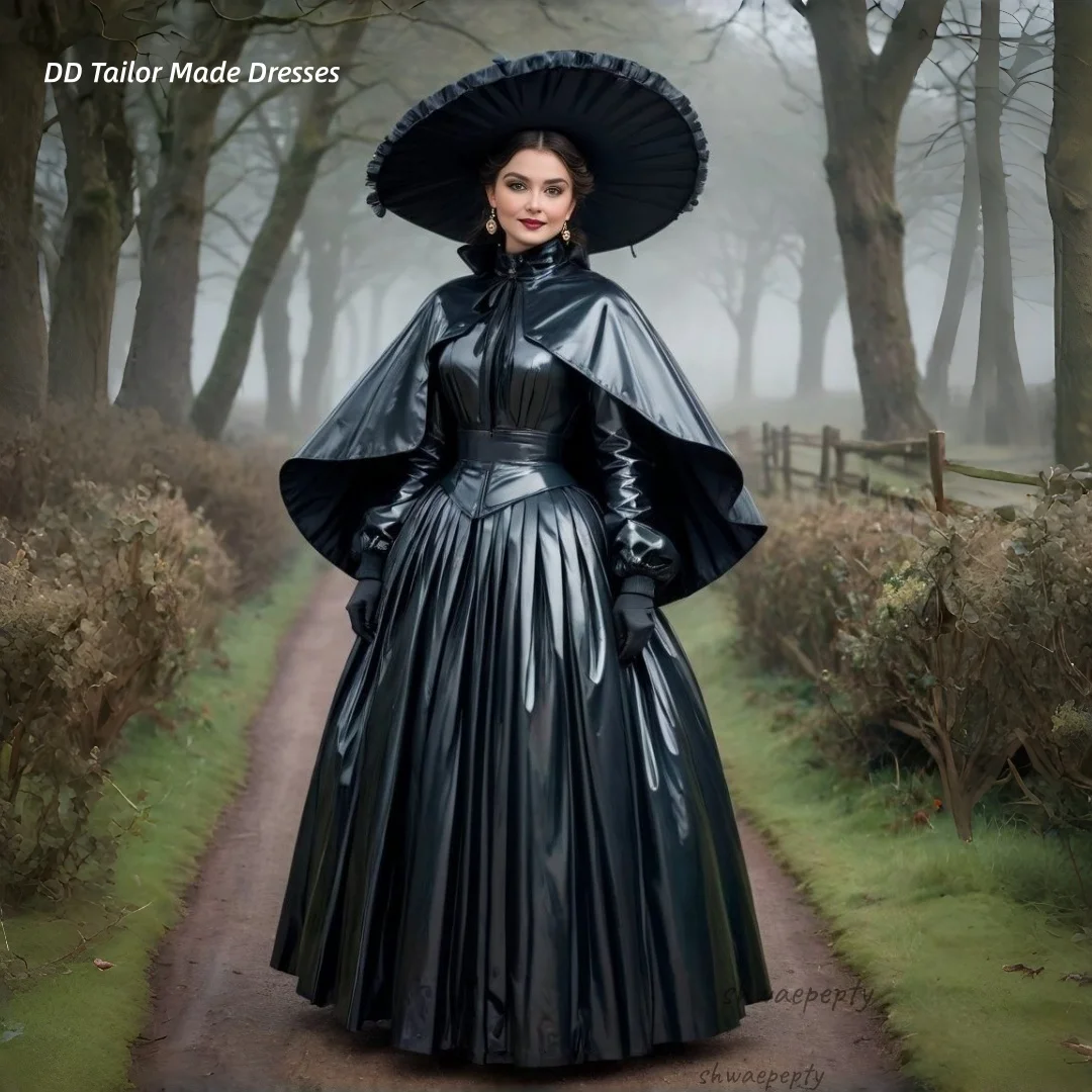 Gotisches schwarzes PVC-Abschlussballkleid mit Wickelkorsett, langen Ärmeln, glänzendem Cosplay-Kostüm, Vintage-Abendkleid, individuell gestaltet