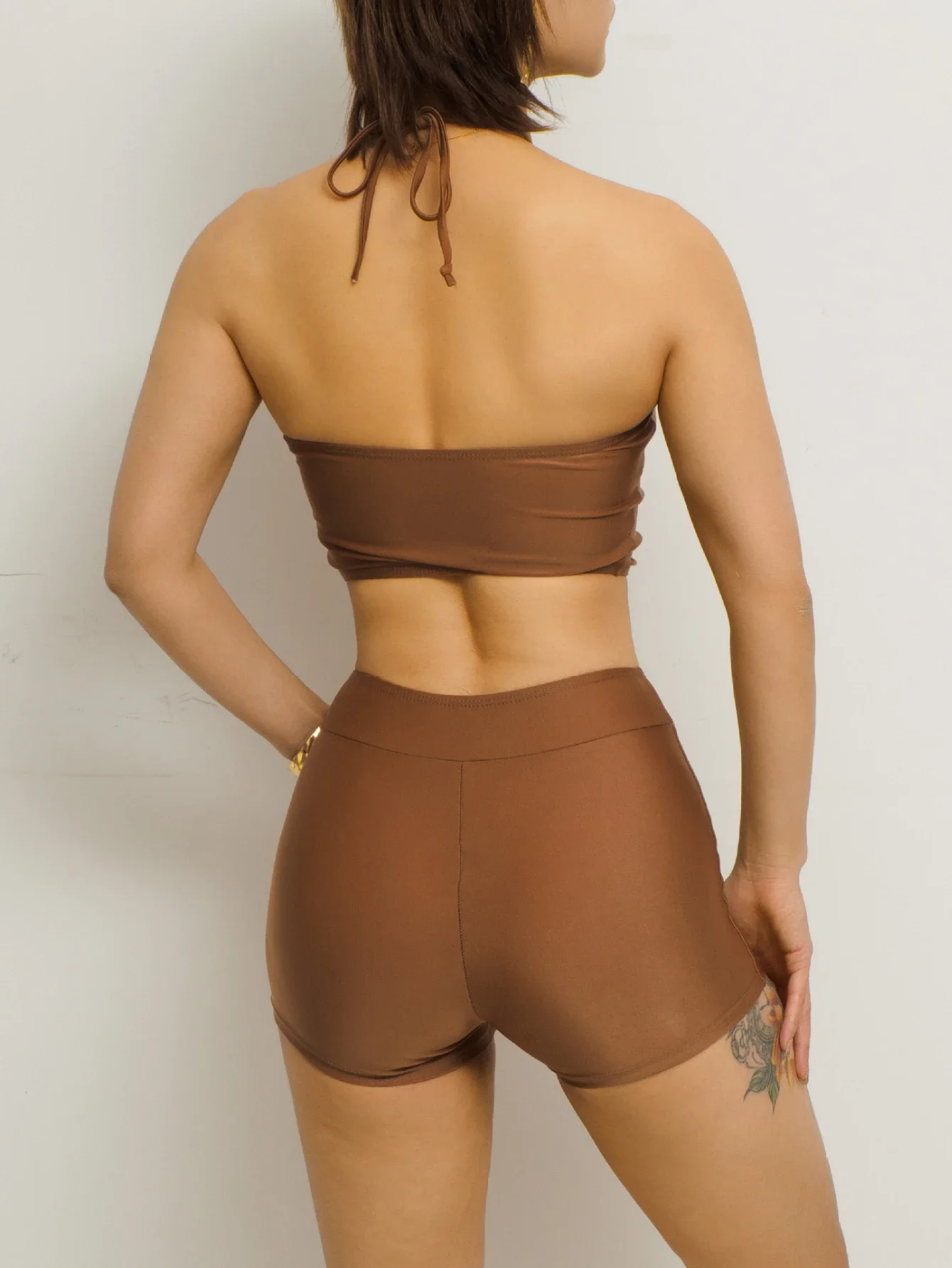 2025 New Tankini Swimsuit Women's Solid Color 2 Piece Swimsuit High Waist Beach Vacation Backless Camisole Bikini Set Swimwear