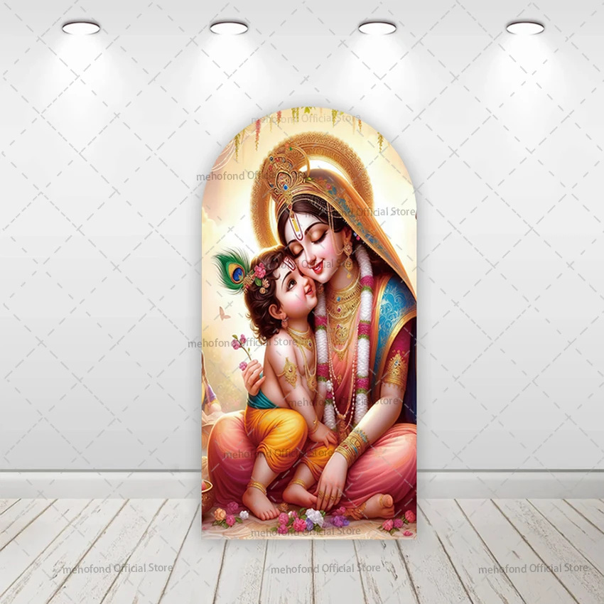 Mehofond personalizado 2 caras India Radha Krishna Yashoda chico fiesta de cumpleaños cubierta de despedida de soltera Chiara arco fondo decoración telón de fondo
