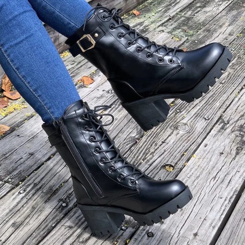 

Women's Fashion Chunky Heel Ankle Boots with Belt Buckle Black PU Leather High Heeled Platform Booties Woman Autumn Winter Shoes