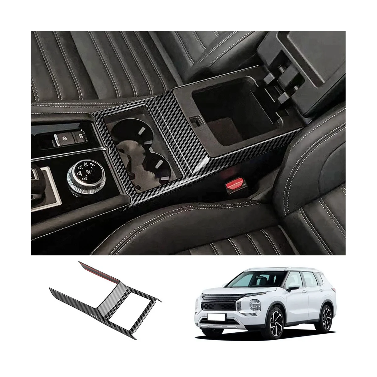 Carbon Fiber Front Console Armrest with Water Cup Holder Left/Right Rudder Universal for Mitsubishi Outlander 2022-2023