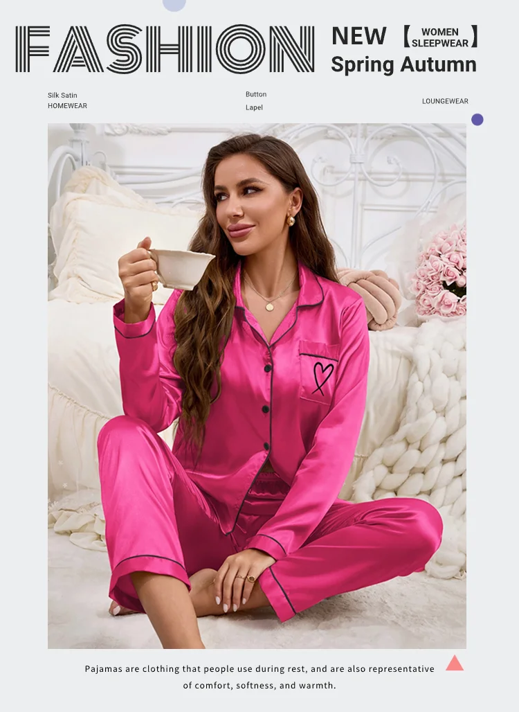 Frauen Hause Kleidung Satin Pyjama Herbst Langarm Tasche Herz-förmigen Stickerei Tops & Hosen Pyjama Femme Loungewear Pj set – Detail 1