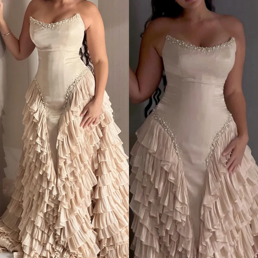 カスタマイズされた複雑なマッチングプリーツティアードパールラインストーンAラインストラップレスロングドレスオーダーメイドオケージョンドレス高品質