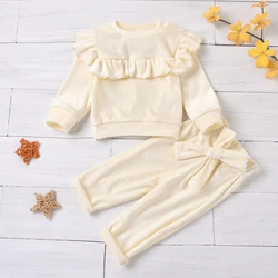 2PC Autumn/Winter Season Boys' and Girls' Solid White Fly Sleeve Pullover with Bow Solid Trousers