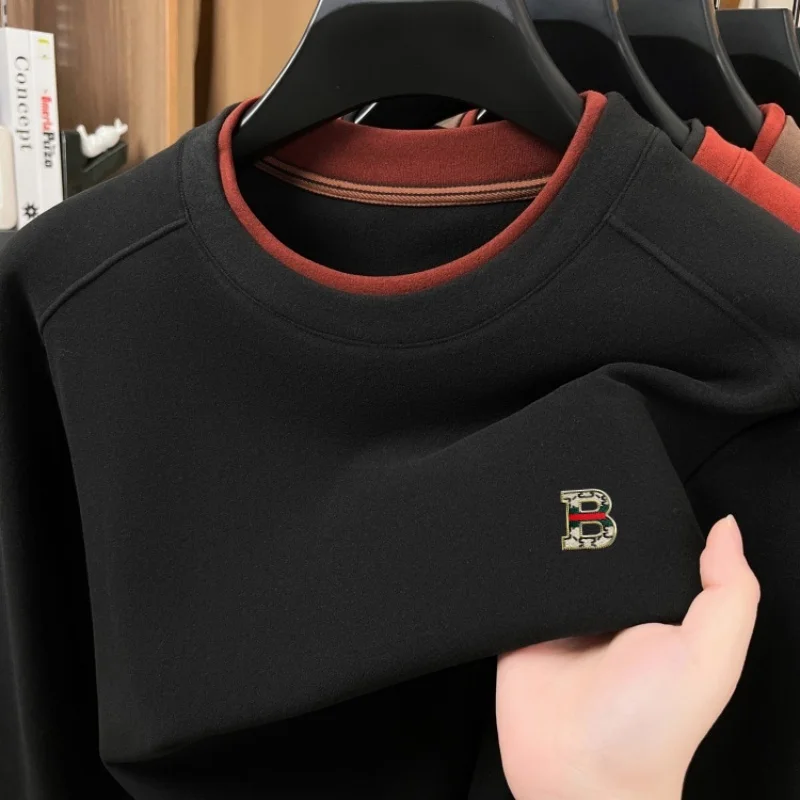 Luxury Brand long sleeve men's T-shirt soft velvet autumn winter comfort fake two pieces round neck letter embroidery sweater