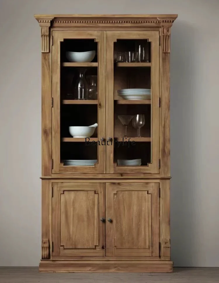 

FG10*American rural dining side cabinet, retro and old pure solid wood storage, simple antique display cabinet