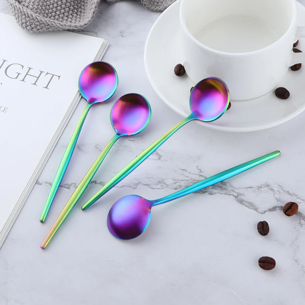 7/8PCS Korean Style Colorful Small Tea Ice Spoon Dinnerware Set Stainless Steel Mini Coffee Cute Teaspoon Tableware Gold Scoop