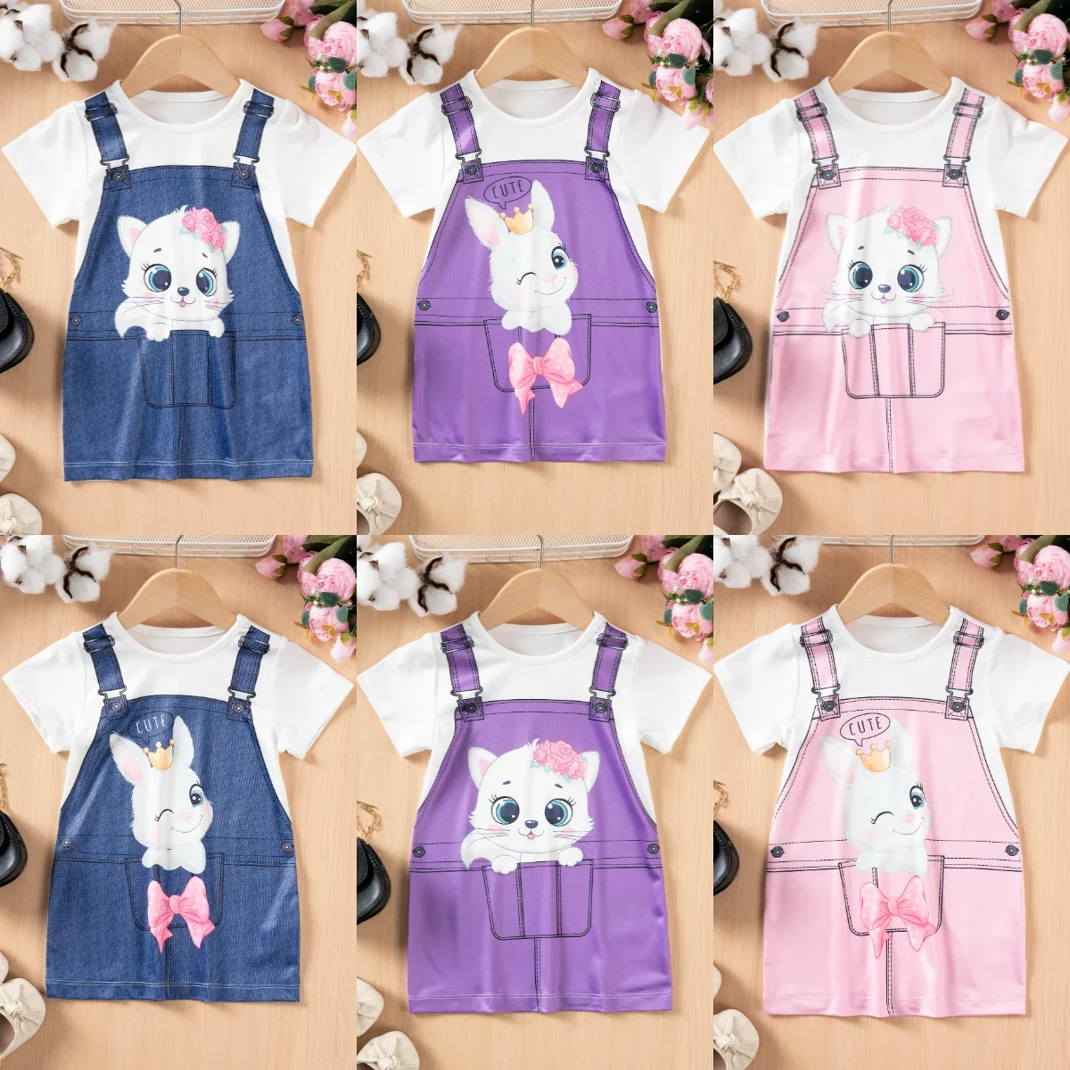 New Girls Dress 1-6Y Cute Cartoon Cat and Rabbit Pattern Printed Casual Dress Cheap Wholesale of Girls' Clothing