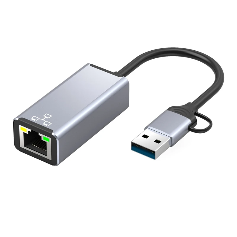 Placa de rede externa para laptop, usb a/usb c, conector duplo, rj45