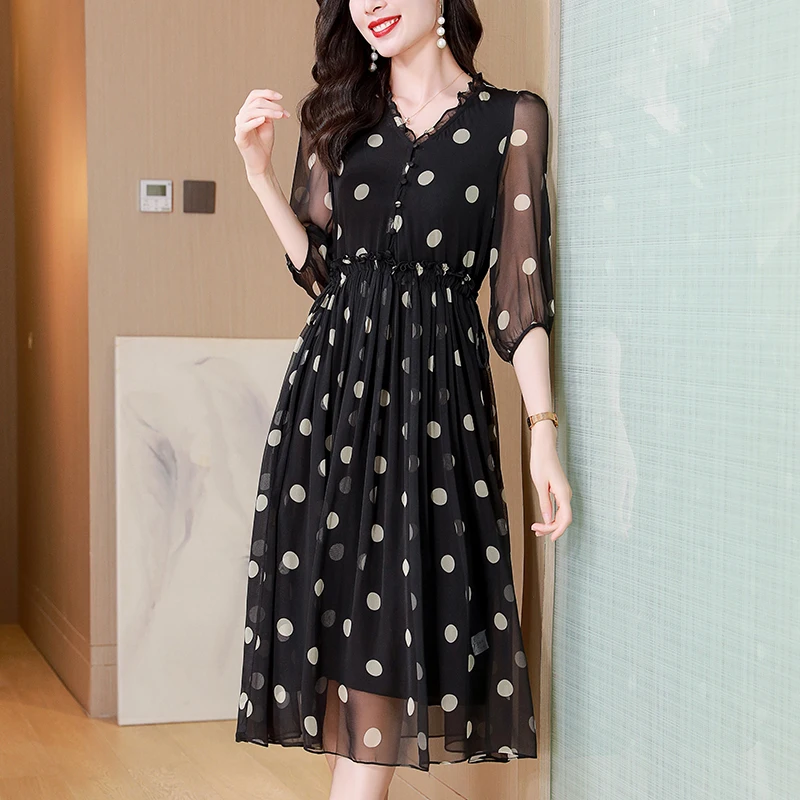 

Elegant Fashion Dresses For Women 2024 Summer V-neck Black Dot Print Holiday Dress A-line 100% Real Silk Women's Long Dress