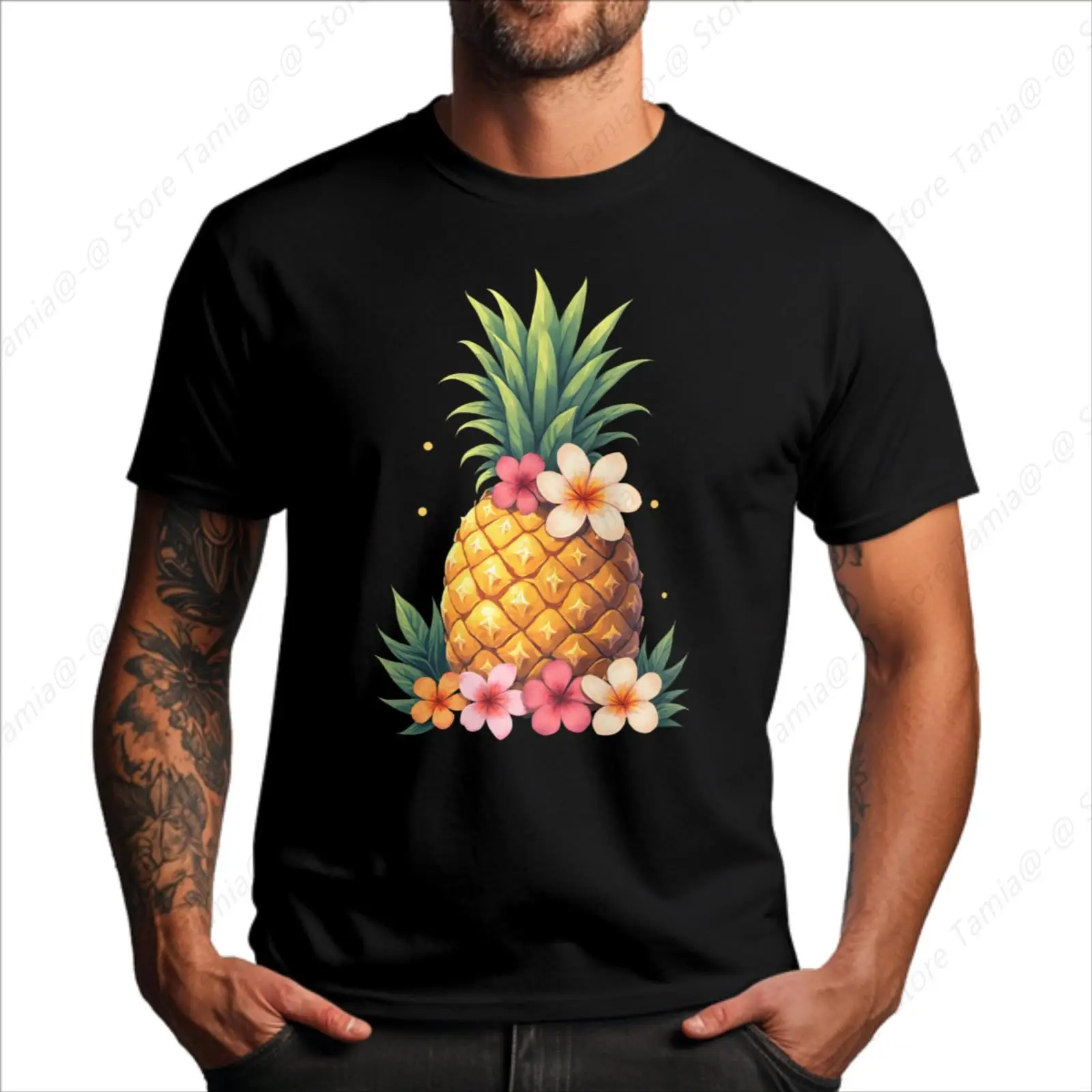 

Pineapple With Floral Print Mens Round Short Sleeve T Shirt Front Heat Transfer Print Cozy And Soft