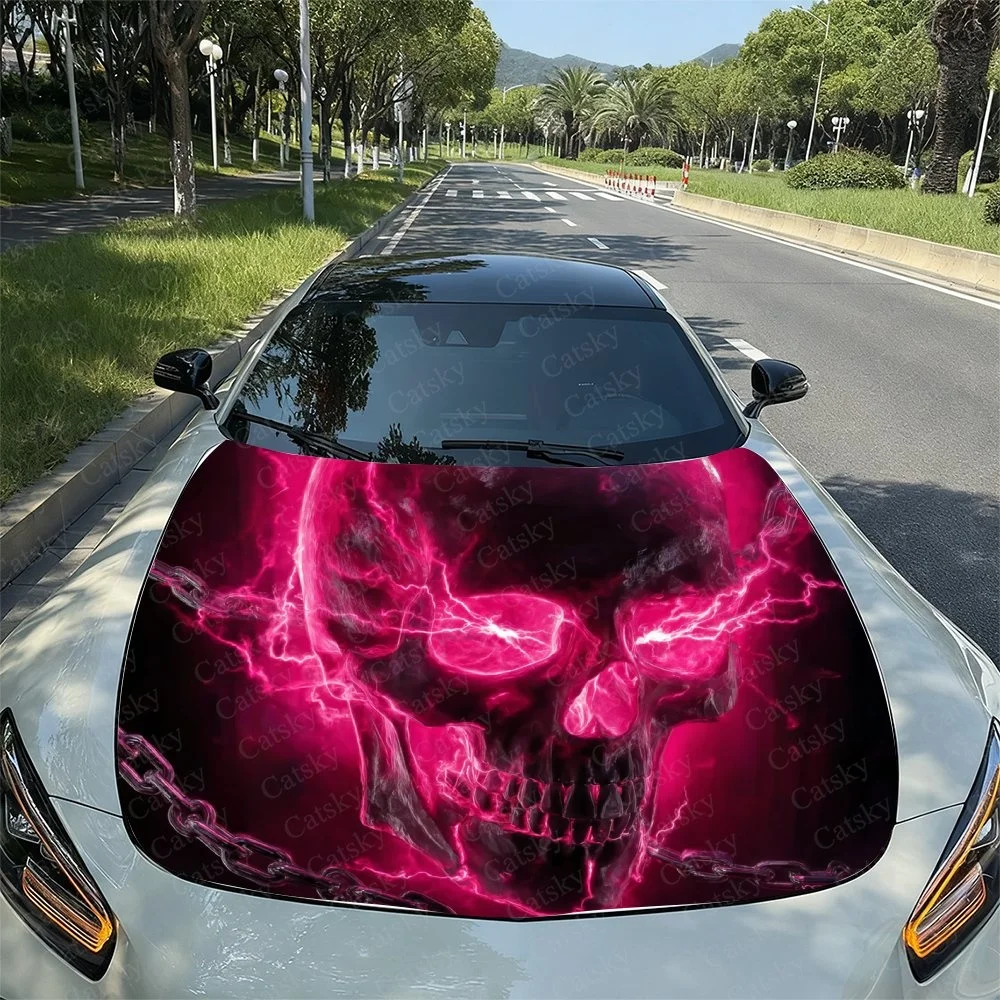 Pink Smoke Skull Car Hood Sticker PVC Self Waterproof Stick, Striking Auto Exterior Accessories Decor Protect Gift for Car Lover