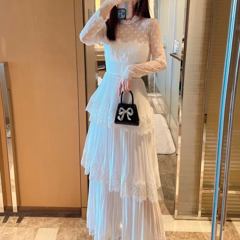 

Women White Lace Dress Slim High Waist Layered Ruffle Long Sleeves Elegant Maxi Dress