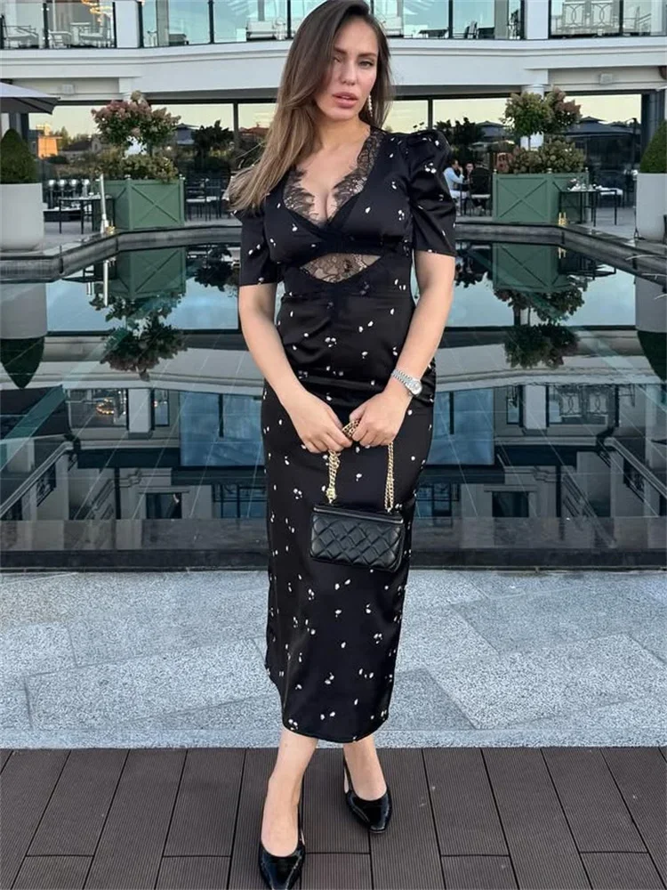 Dot V-Neck Lace Long Dress For Women Hollow Out Slim Short Sleeve High-Waist Contrast Patchwork Female Bodycon Maxi Dress