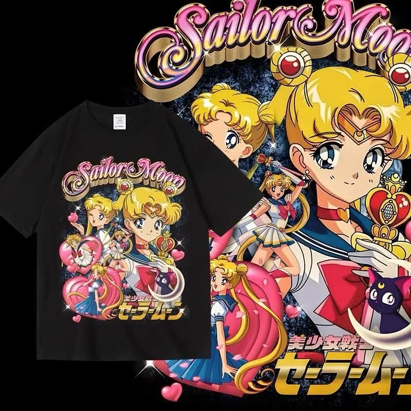 

Новая футболка Sailors Moons из 100% хлопка, мужская и женская детская повседневная футболка с круглым вырезом, футболка в стиле аниме Y2K Street с коротким рукавом