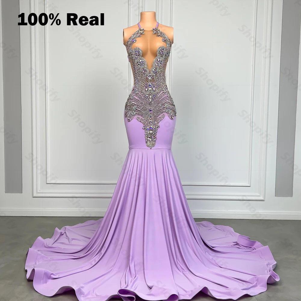 Vestido de baile longo com strass lilás roxo brilhante para garota negra, sexy estilo sereia, vestidos de festa formais, 2024 com trem